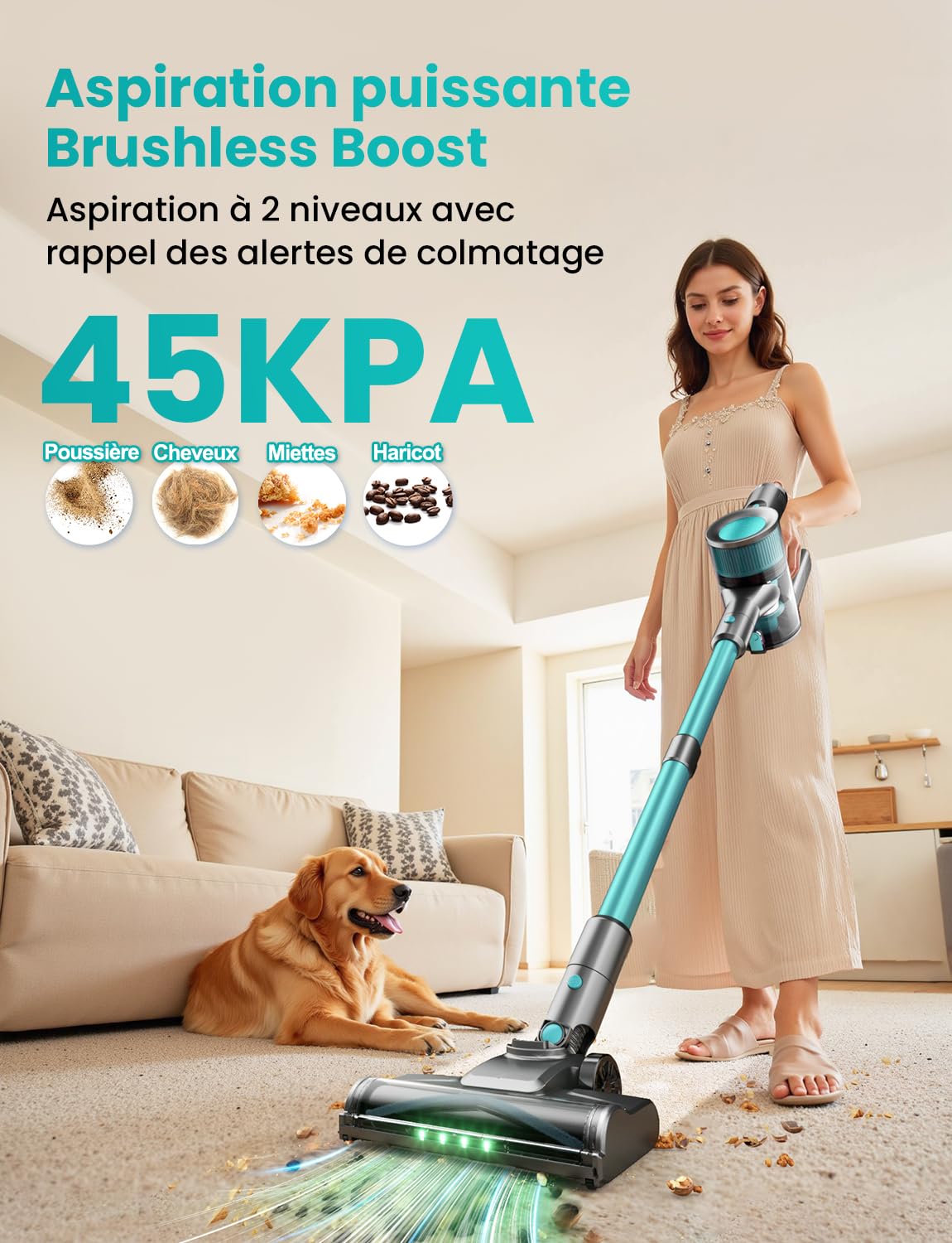 Aspirateur Balai sans Fil 45KPa, Aspirateur sans Fil Puissant, 50 Min Autonomie, Batterie Amovible, Brosse Anti-Enchevêtrement LED, Aspirateur Léger pour Poils d'animaux, Tapis, Sols Durs Canapé