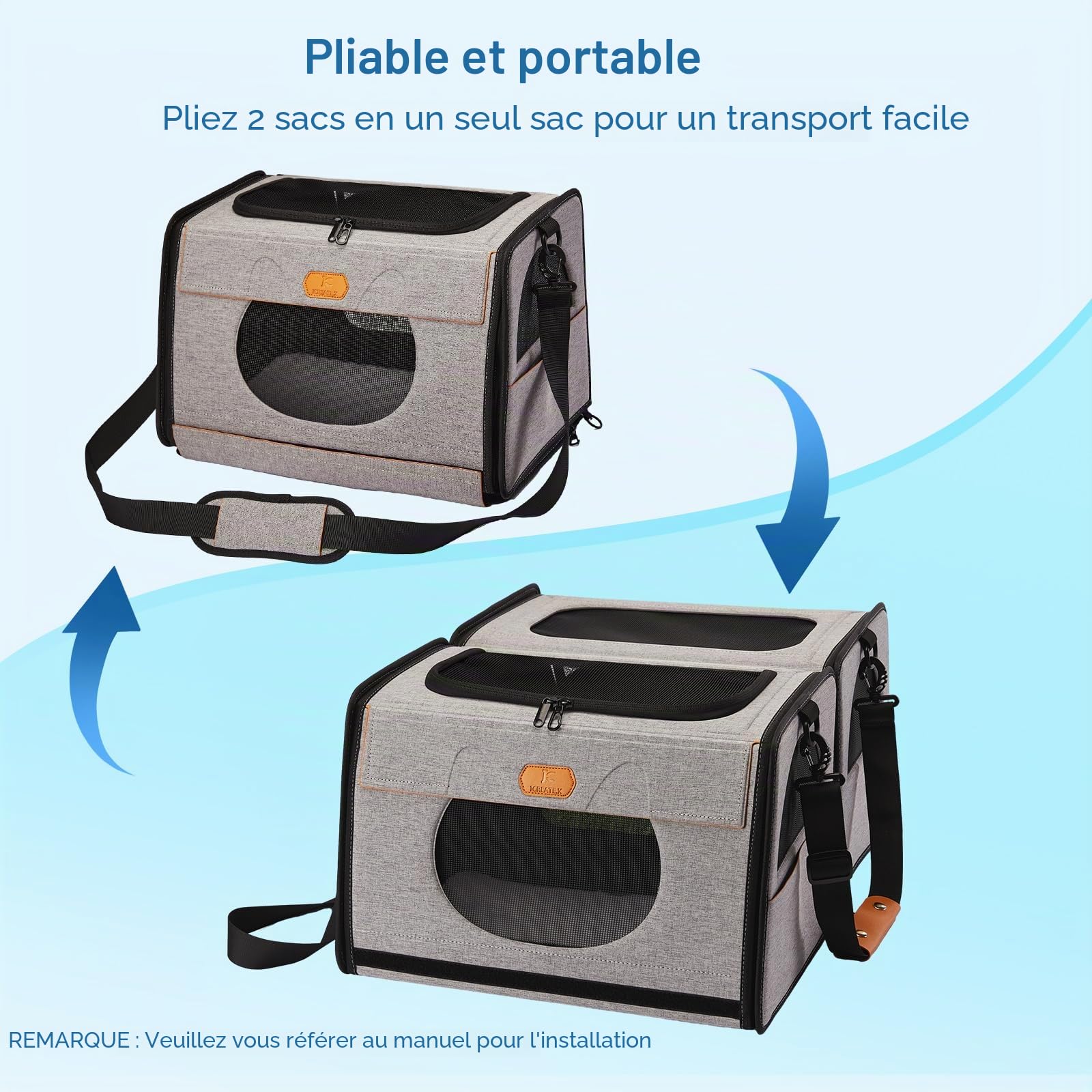 Grand sac de transport pour chat, litière de voyage pour chats, caisse pliable pour chien, une pour litière et cage souple pour chat 2 en 1, double sac de transport pour animaux de compagnie