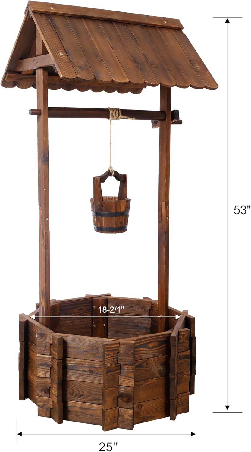 53" Tall Rustic Wooden Wishing Well Planter with Hanging Bucket, Outdoor Garden Decor - Carbonized Fir Wood Yard Decoration - Decorative Plant Stand with Drainage Hole for Patio (25"x25")