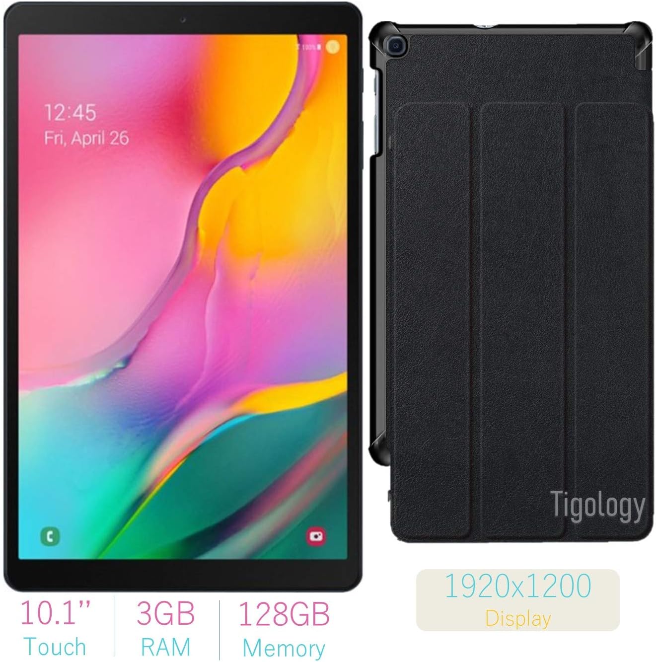2019 Samsung Galaxy Tab A 10.1-inch Touchscreen (1920x1200) Wi-Fi Tablet Bundle, Exynos 7904A Processor, 3GB RAM, 128GB Memory, BMali-G71 MP2 Graphics, Bluetooth, Tigology Case, Android 9.0 Pie OS