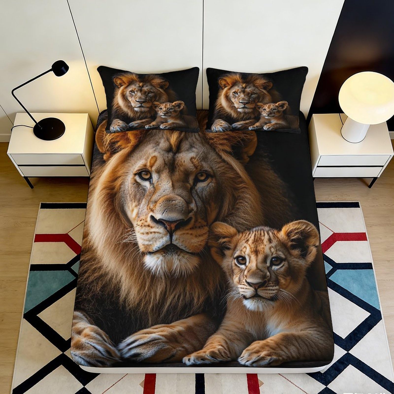 3D Printed Lion Family Fitted Sheet Microfiber Soft Animal Bed Cover Bedroom Dorm Protector Decor 120x200cm 90x200x25cm