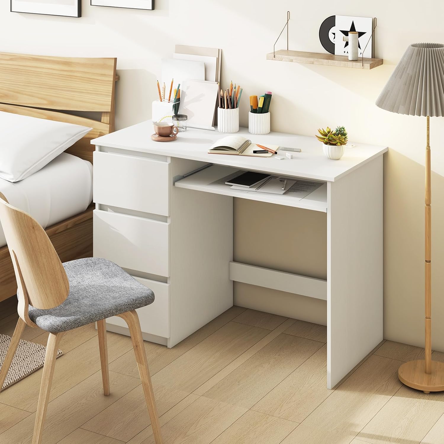 Giantex White Desk with Drawers, Modern Computer Desk with Charging Station & Keyboard Tray, Laptop PC Computer Workstation, Study Writing Desk for Bedroom