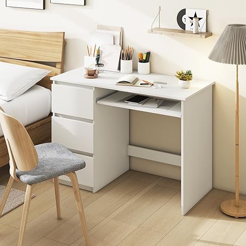 Miniatura 2 de Giantex Escritorio blanco con cajones, moderno escritorio para computadora con estación de carga y bandeja para teclado, estación de trabajo para