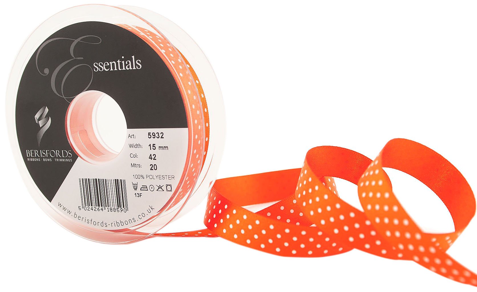 Berisfords 5932 20 m x 15 mm Dainty Micro Dot Ribbon, Orange Delight