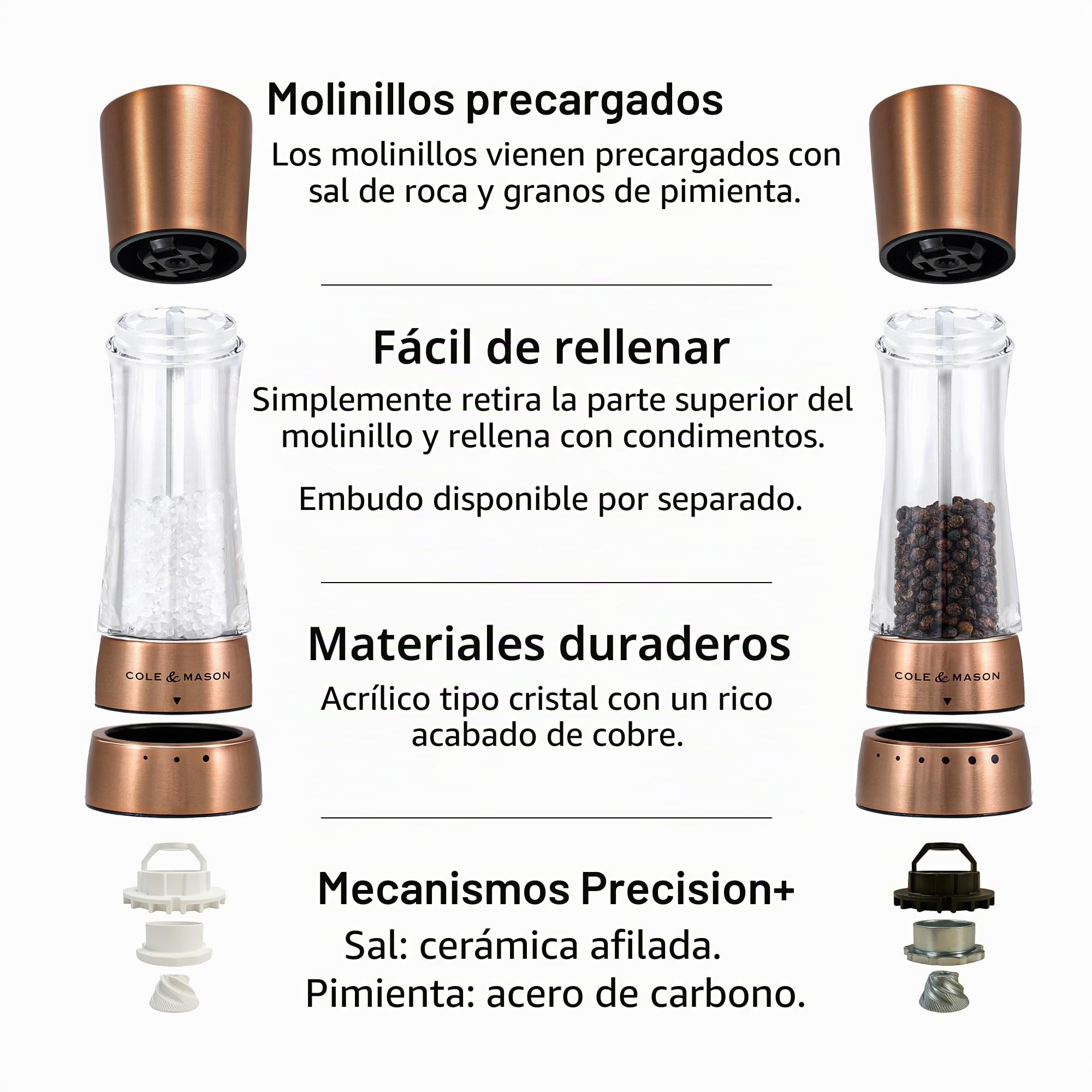 Cole & Mason Derwent Cobre Molinillos de Sal y Pimienta, Molinillo Especias, Juego de Molinillos con Grosor Ajustable, Acero Inoxidable/Acrílico, 190mm, H59418G