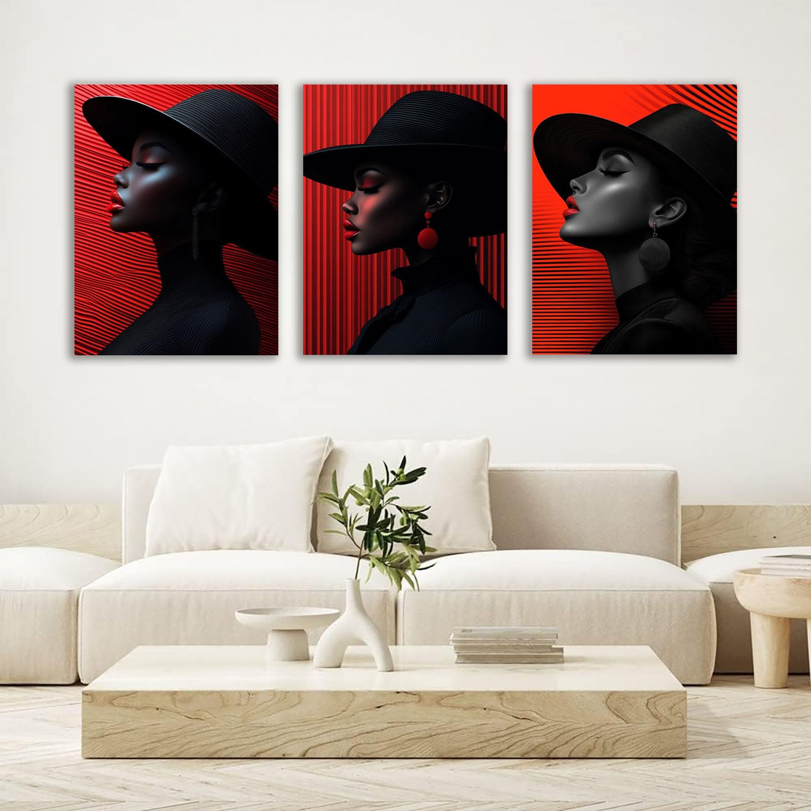 TZKRWRH Africana Mujer Negra Set de 3 Cuadros Retrato abstracto de una mujer Lienzo Moderna Abstractas Cuadro Arte Pared Para Sala Estar Carteles E Impresiones（Red 9-40x60cmx3 Enmarcado