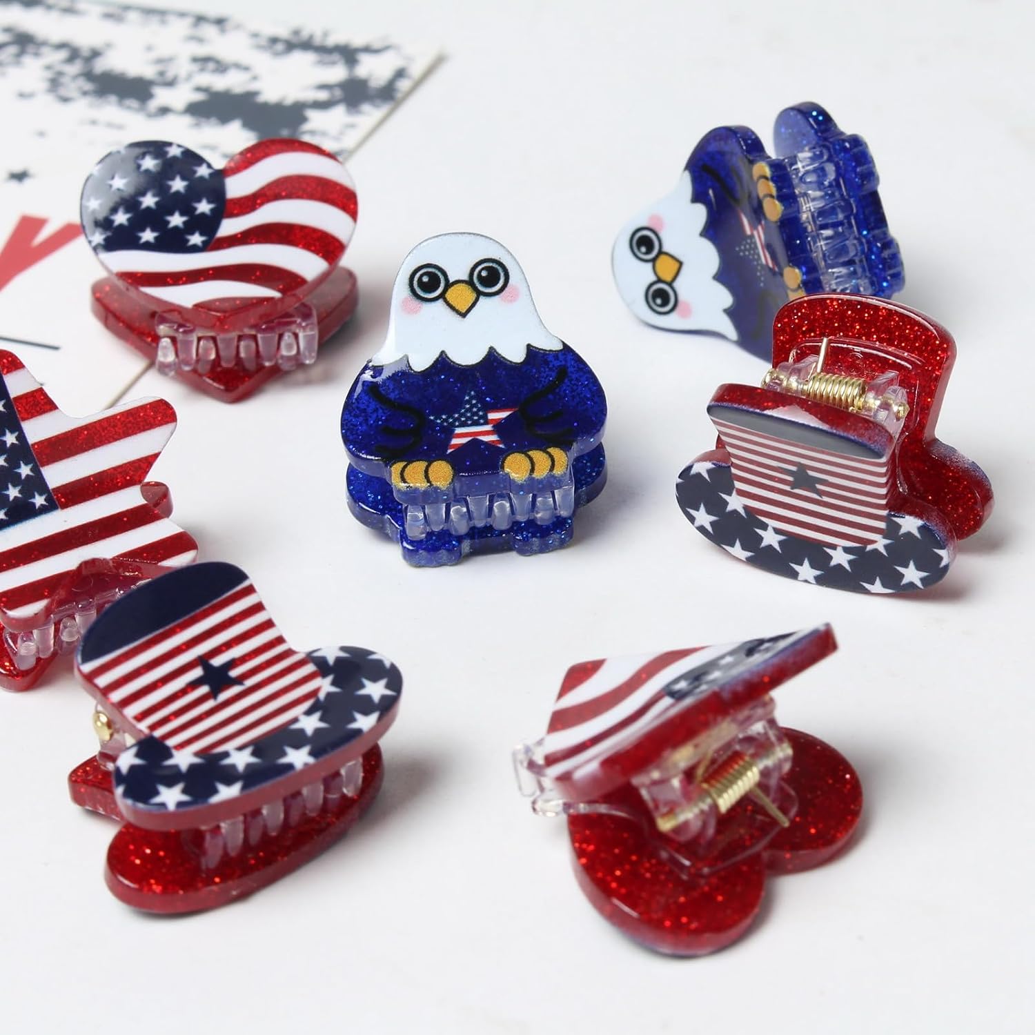 Cuizhiyu 8PK 4th of July Claw Clips Mini Cute American Flag Hair Clips for Girls Women Acrylic Independence Day Hair Accessories (Color B)