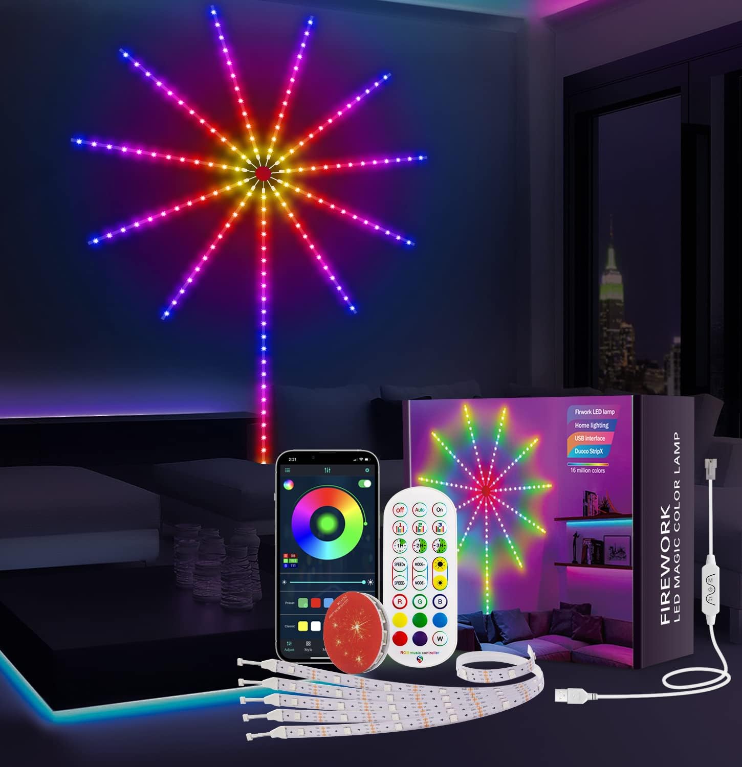 MATICOD Firework LED Lights, Dream Color Changing Music Sync Firework Lights with Remote Smart APP Control, USB RGB Led Strip Lights Indoor Fireworks for Room Wall Party Holiday Decor
