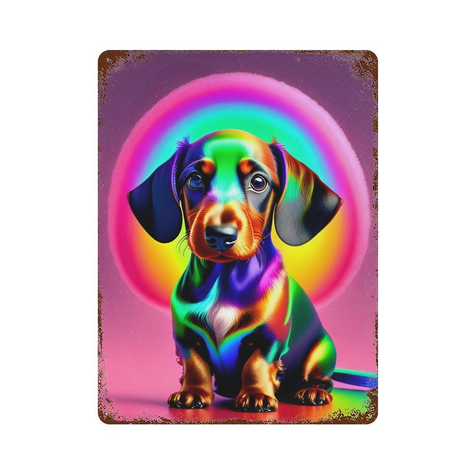 Retro Metal Sign with Neon Rainbow Dachshund Art Print Design 15.7"x11.8", for Farmhouse, Kitchen And Entryway Decor, Shabby Chic Decor