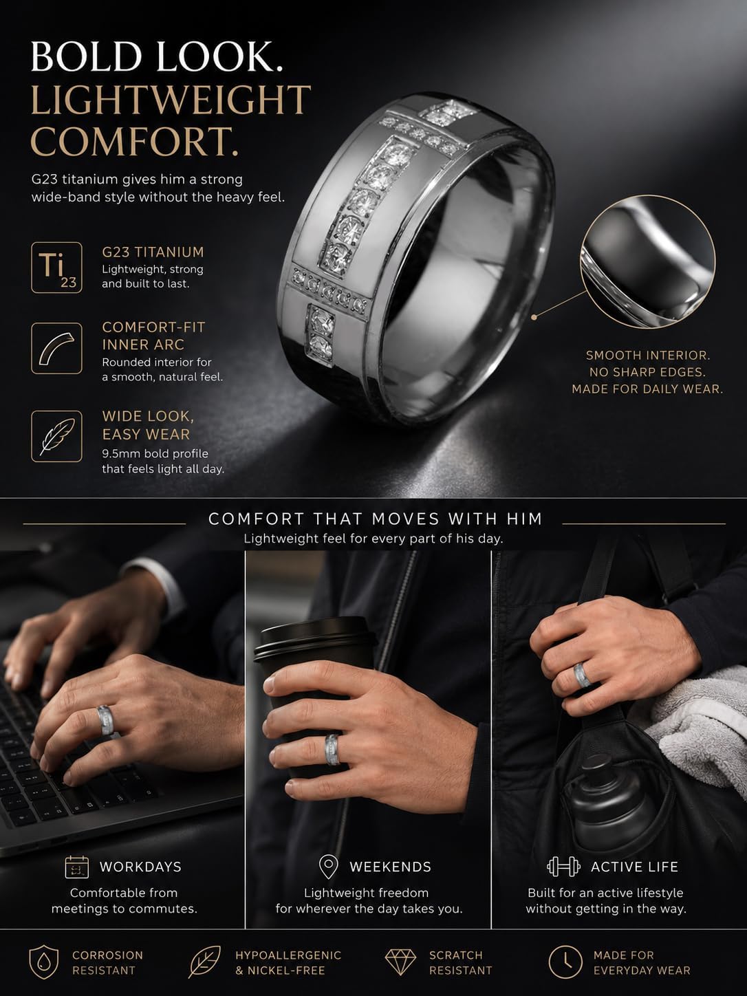 Lightweight ASTM F136 Titanium Mens Wedding Band Moissanite Ring, VVS1.D Color 0.4CTW Mens Engagement Ring, Comfort Fit 14K Gold Plated/Silver Rings for Men Anniversary Promise Ring, US SIze 7-12, Titanium/14K Gold Plated Color