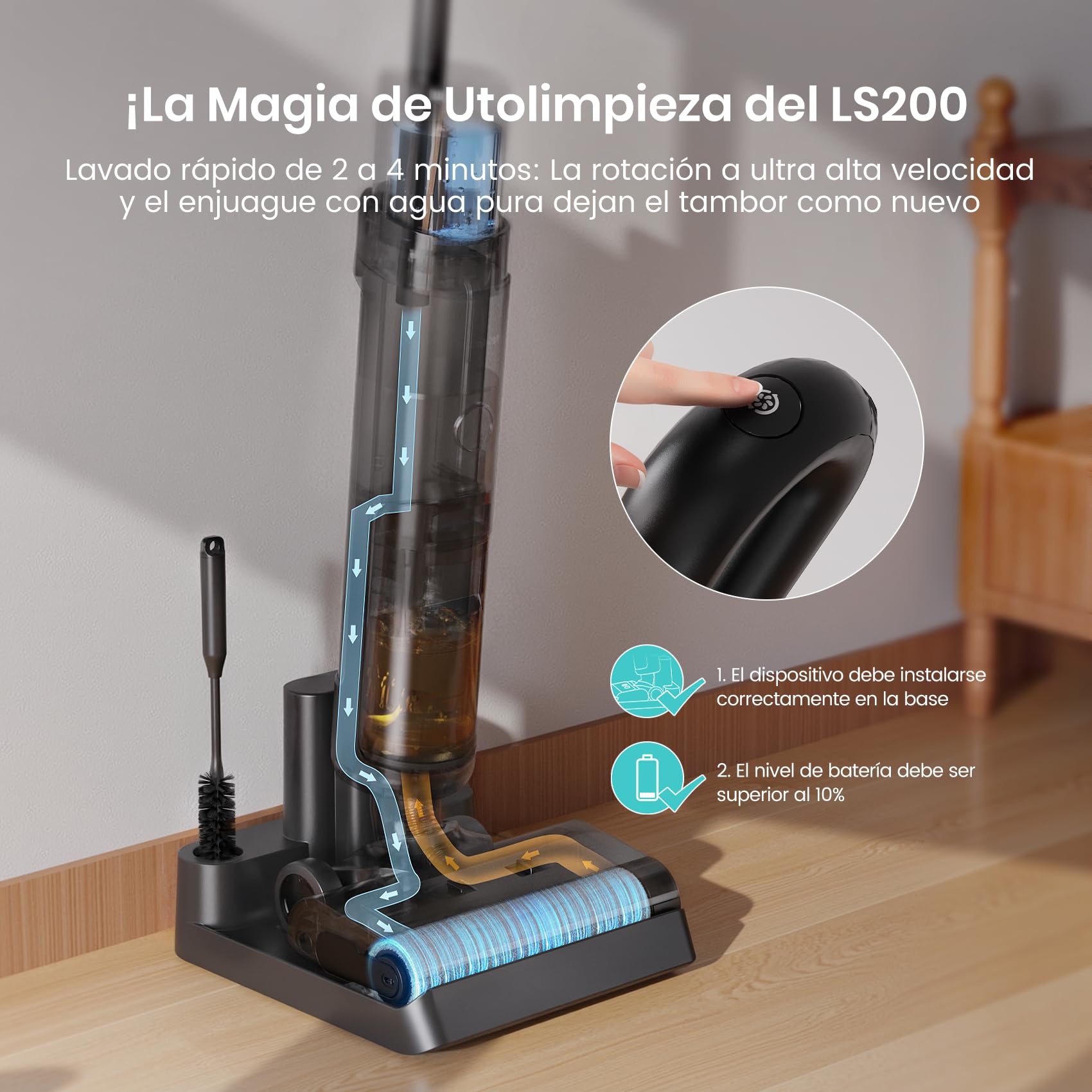 LEFANT LS200 Aspiradora Sin Cable,Aspiradora Vertical en Seco Húmedo con Batería,13 000 Pa, 216㎡, Depósito de Agua de 700 ml, 3 en 1 Barre Aspira Friega, 30 Min de Autonomía, Autolavado