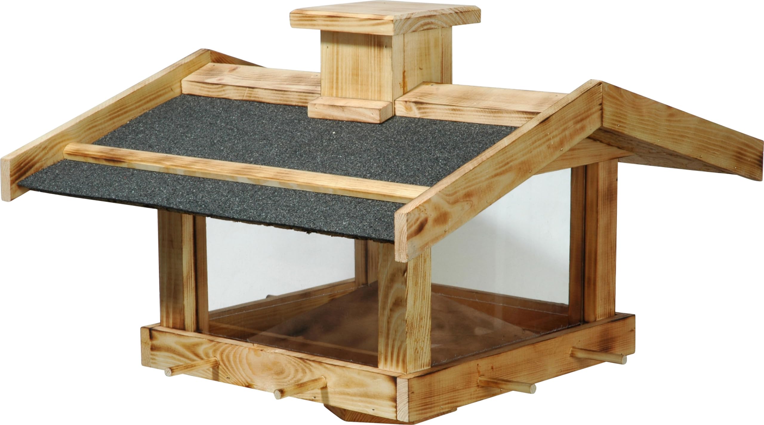 dobar® Geflammtes Vogelfutterhaus für Ständermontage - Vogelhaus für Wildvögel aus Massivholz - Futterstation zum Aufstellen - Wildvogelfutterplatz - 47 x 45 x 32 cm - Kiefer Bitumen