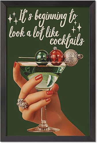 Miniatura 1 de Impresión digital de cóctel de Navidad de estilo retro, decoración navideña enmarcada en negro de gran tamaño para carrito de bar, carteles de arte
