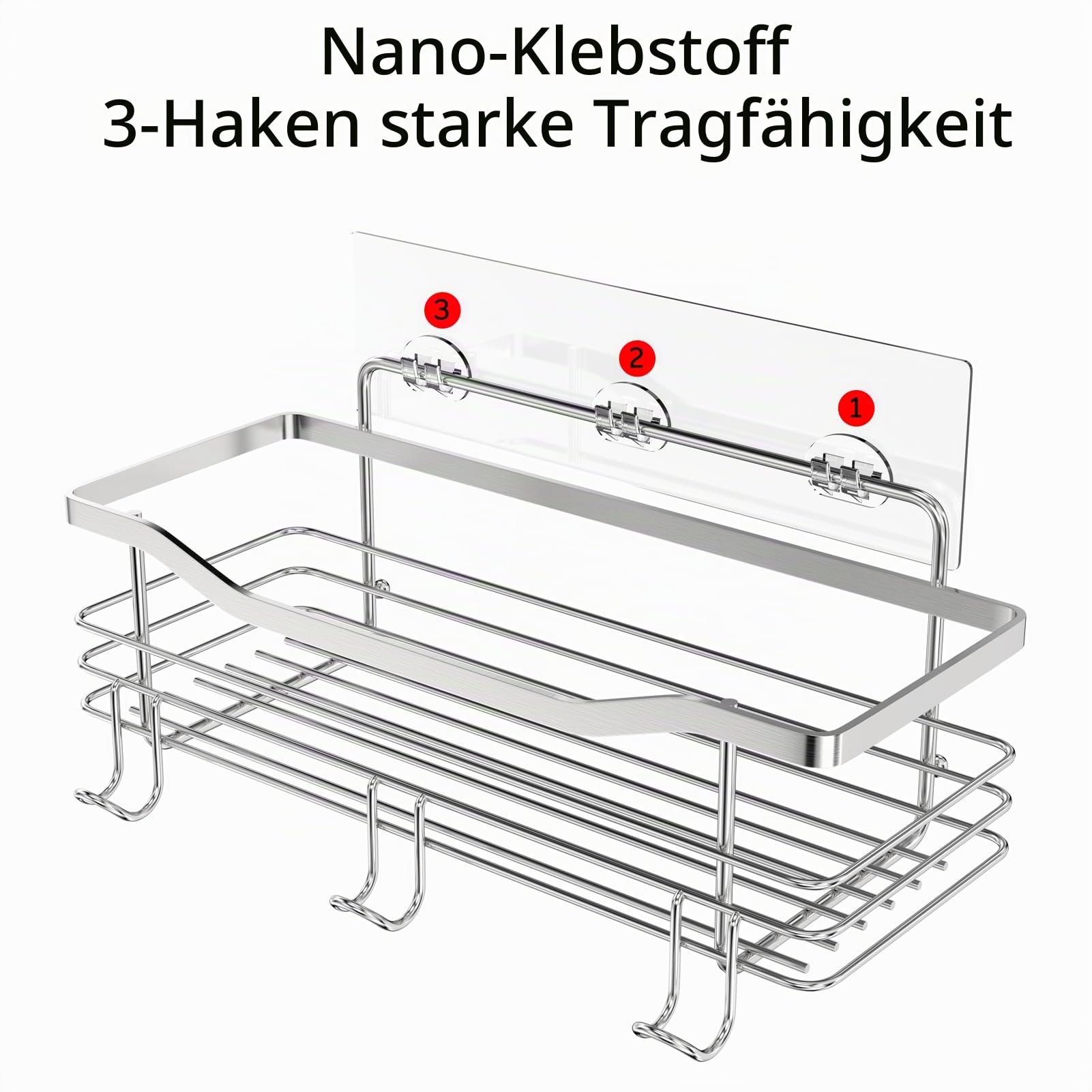 Duschablage ohne Bohren, Duschkorb Selbstklebend Duschregal Edelstahl Badregal Shampoo Halterung, für Bad Küche Toilette mit 5 Haken (2 Stück Silber)