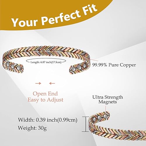 Miniatura 4 de Feraco Pulsera de cobre puro para mujer, pulsera magnética ultra fuerte con imanes de neodimio, 99.99% regalo de joyería de cobre, trenzado tricolor