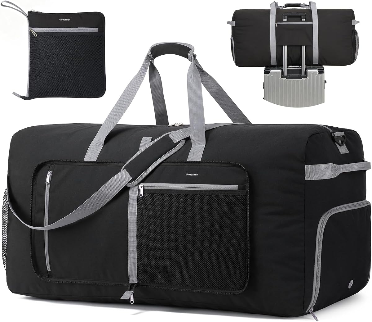 Vorspack 150L Foldable Duffle Bag for Travel with Shoe Compartment, Black | Expanded 35 x 15 x 17.5 in; folds to 12 x 11.5 in, Thick 600D Polyester, with Luggage Sleeve and Shoulder Strap