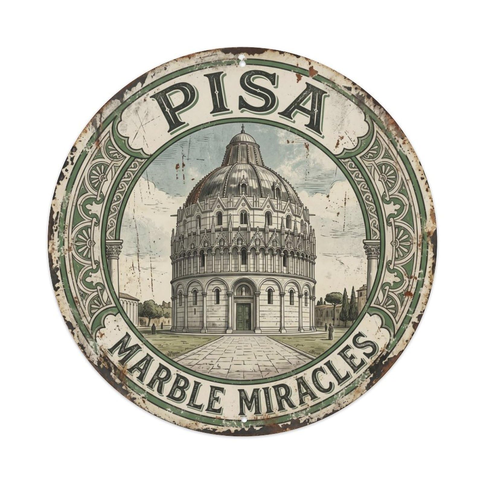 Vintage Travel Pisa Baptistery Piazza Metal Tin Sign Plaque Wall Decor for Cafe, Club Bar, Office, Home Garden Round Metal Poster 8x8Inch