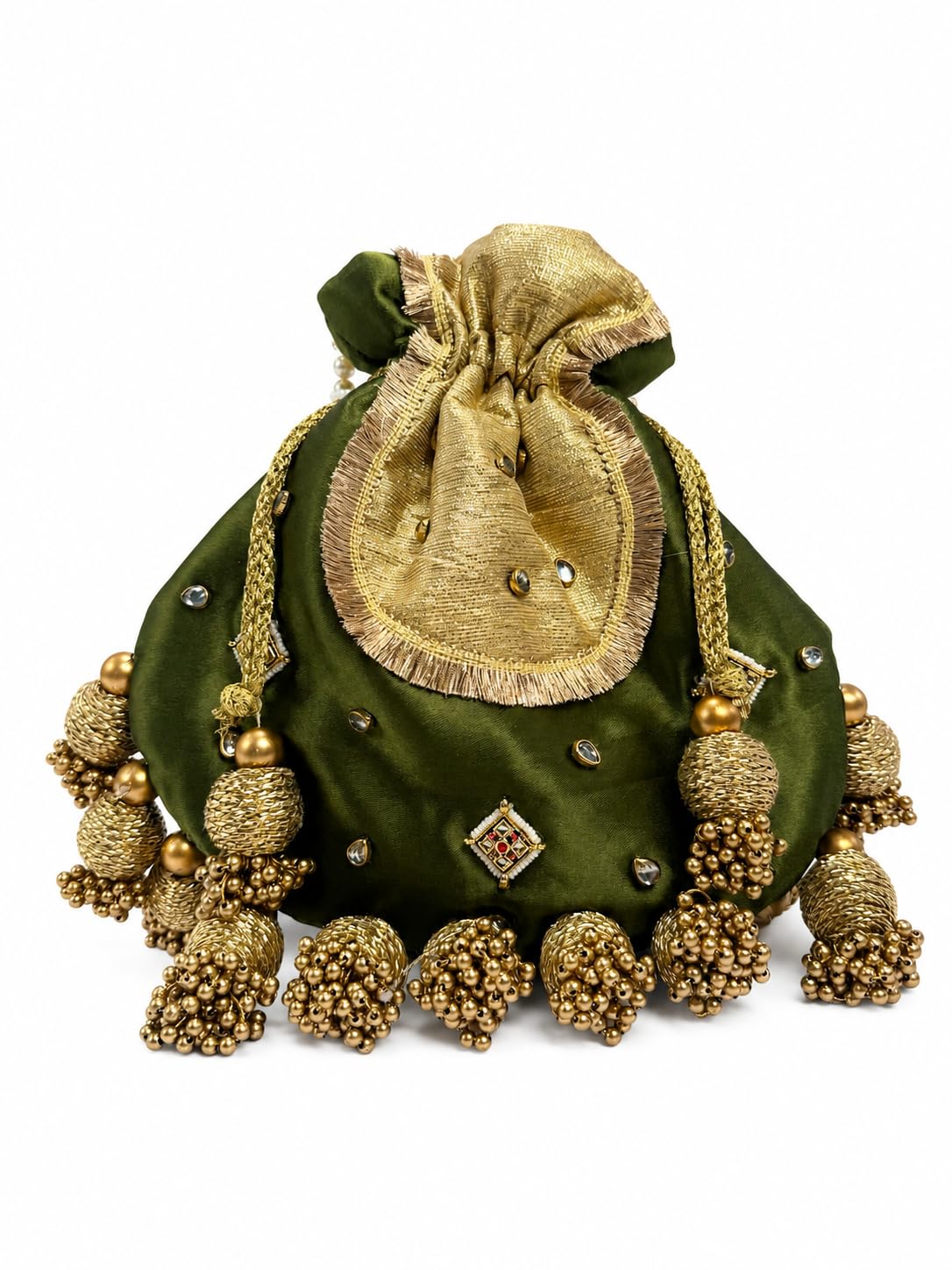 Green Silk Potli Bag with Gold Tassels and Kundan Embellishments-picture-40