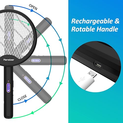 Miniatura 2 de Kensizer Matamoscas eléctrico Bug Zapper, raqueta plegable recargable con cable de carga USB (negro)