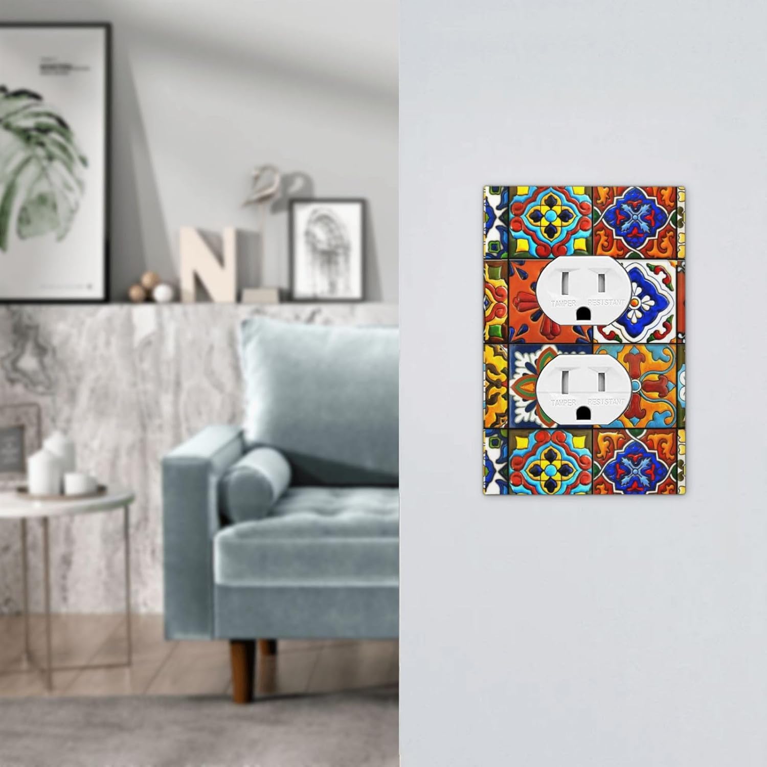 Mexican Talavera Ceramic Pattern 1 Gang Electrical Outlet Covers Single Duplex Wall Plate Decorative Receptacle Light Switch Cove for Bathroom Bedroom Decorate