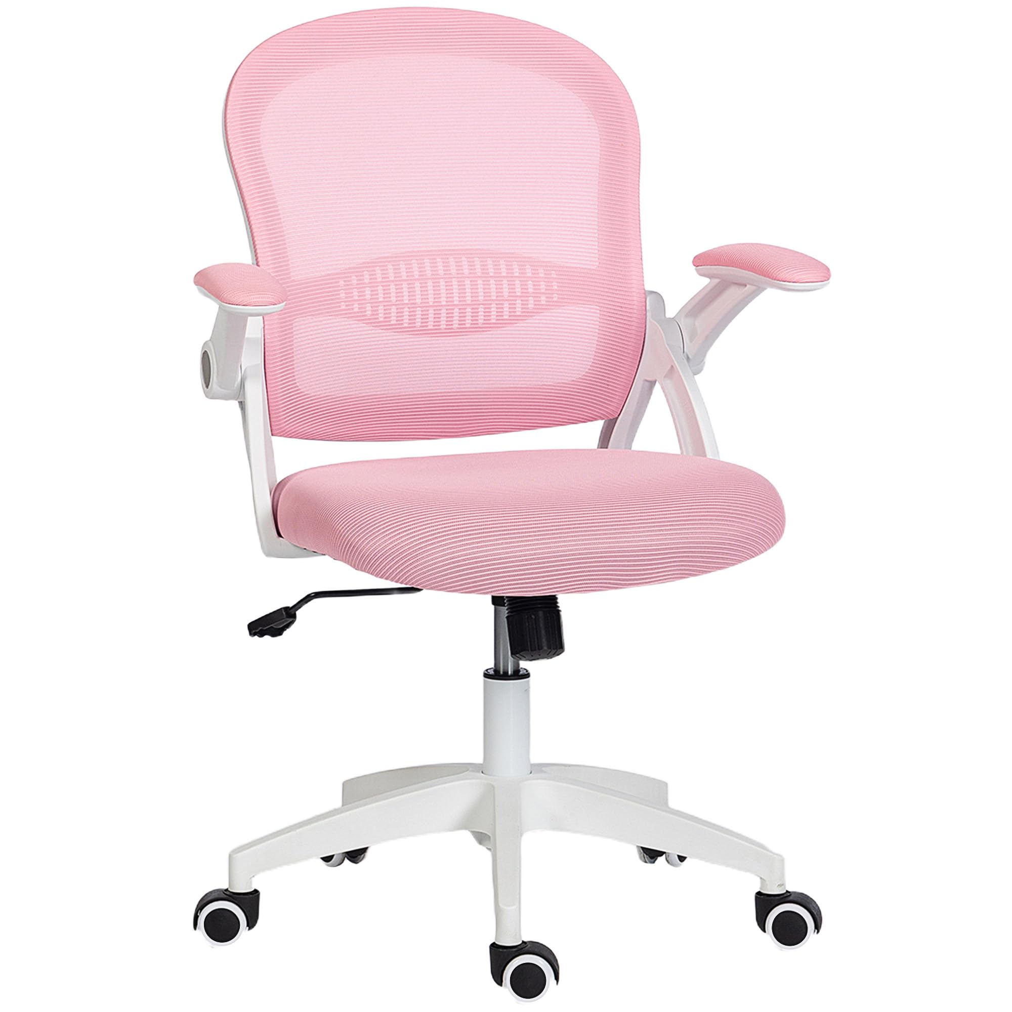 Vinsetto Sedia Ufficio con Funzione Dondolo, Braccioli Regolabili, Rosa | Altezza Regolabile, Sedia Scrivania con Schienale a Rete, Ruote, Seduta Imbottita, 65.5x61.5x88-97.5 cm