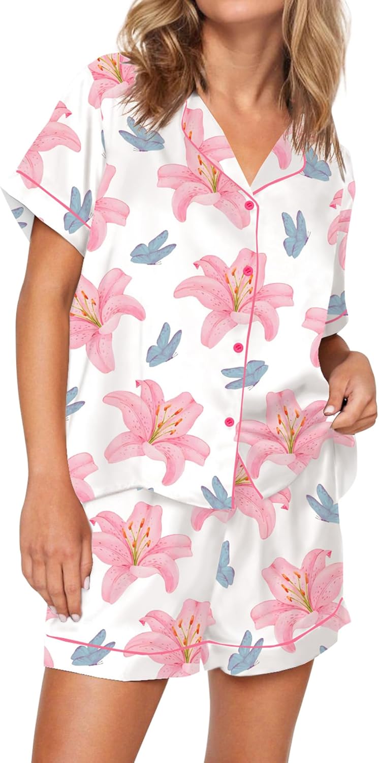 SHESHOW Satin Pajamas for Women Set Preppy Animals Pjs Short Sleeve Shorts 2 Piece Loungewear Sets XS-XXL - Image 2