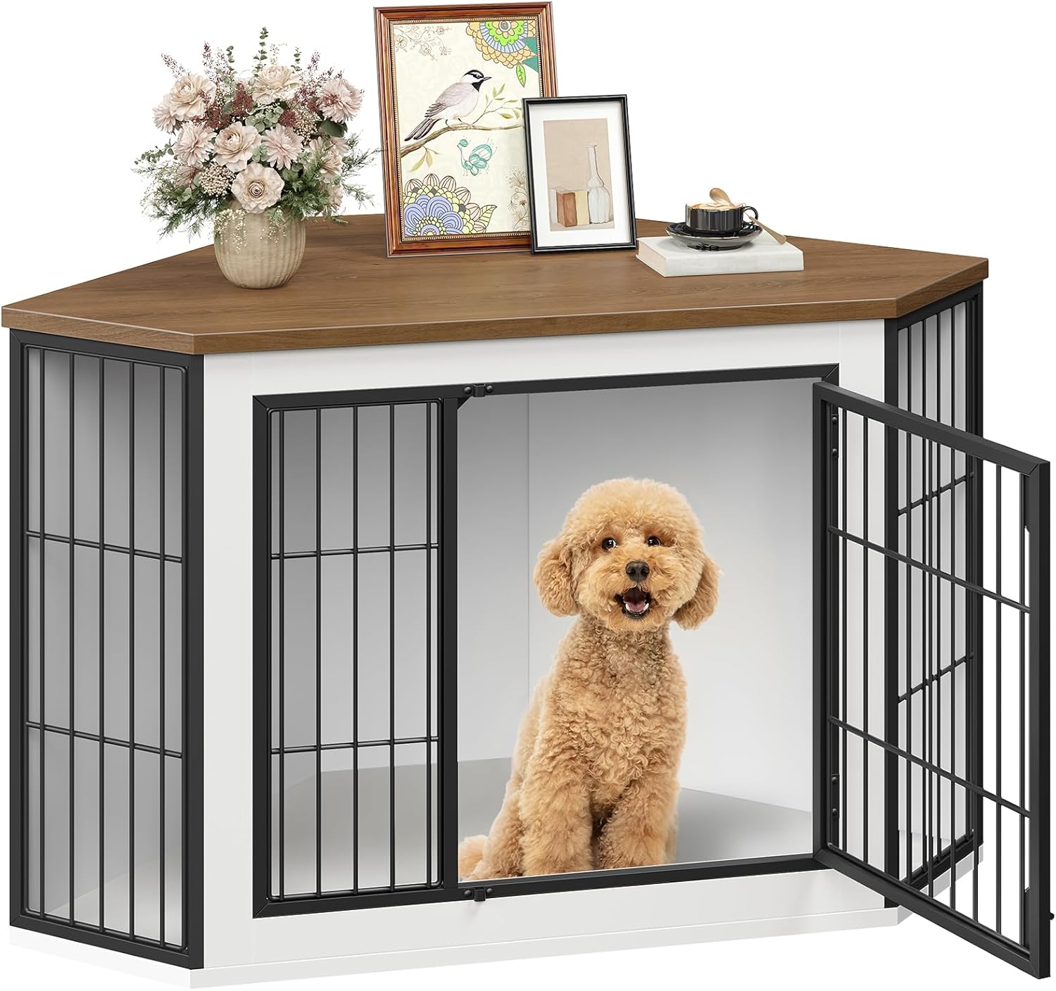HOOBRO Corner Dog Crate Furniture, Decorative Dog Kennel End Table, Farmhouse Dog Crate TV Stand for Small and Medium Dogs, Walnut, White and Black BWH90GW03