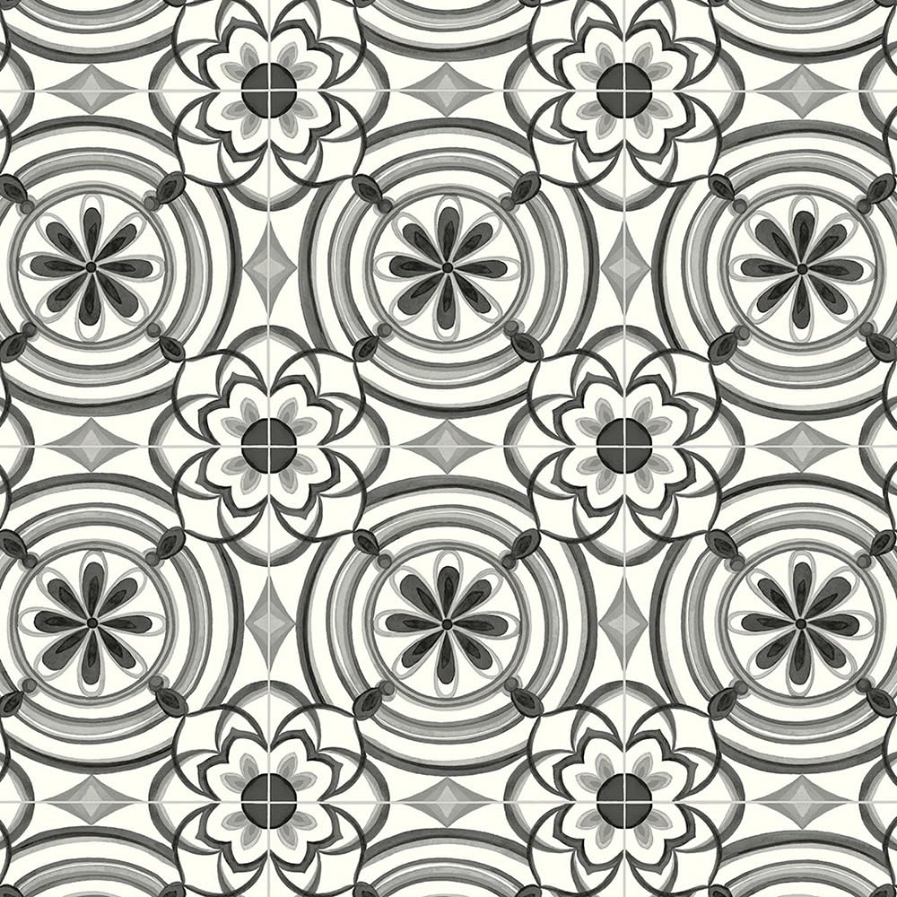 Stone & Tile Effect Vinyl Flooring 2.8mm Thick Foam Backed Lino Roll Bathroom Kitchen (White & Grey Floral Patterned Tiles - 4m Wide x 3m Long)