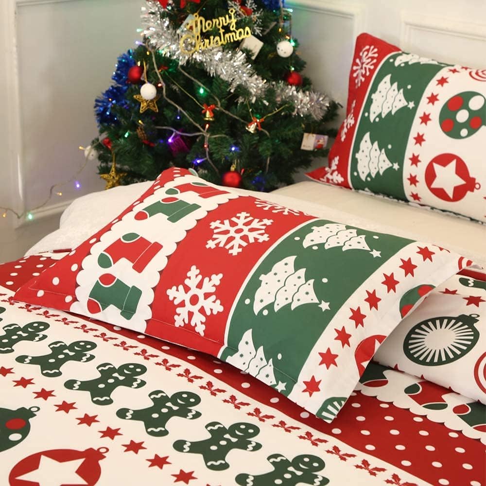Fan Merry Christmas Duvet Cover Set Queen Red White Green Snowflake Christmas Tree Duvet Cover Bedding Sets for Christmas New Year Holiday,Microfiber Quilt Cover and 2 Pillowcases for Kids Boys Girls