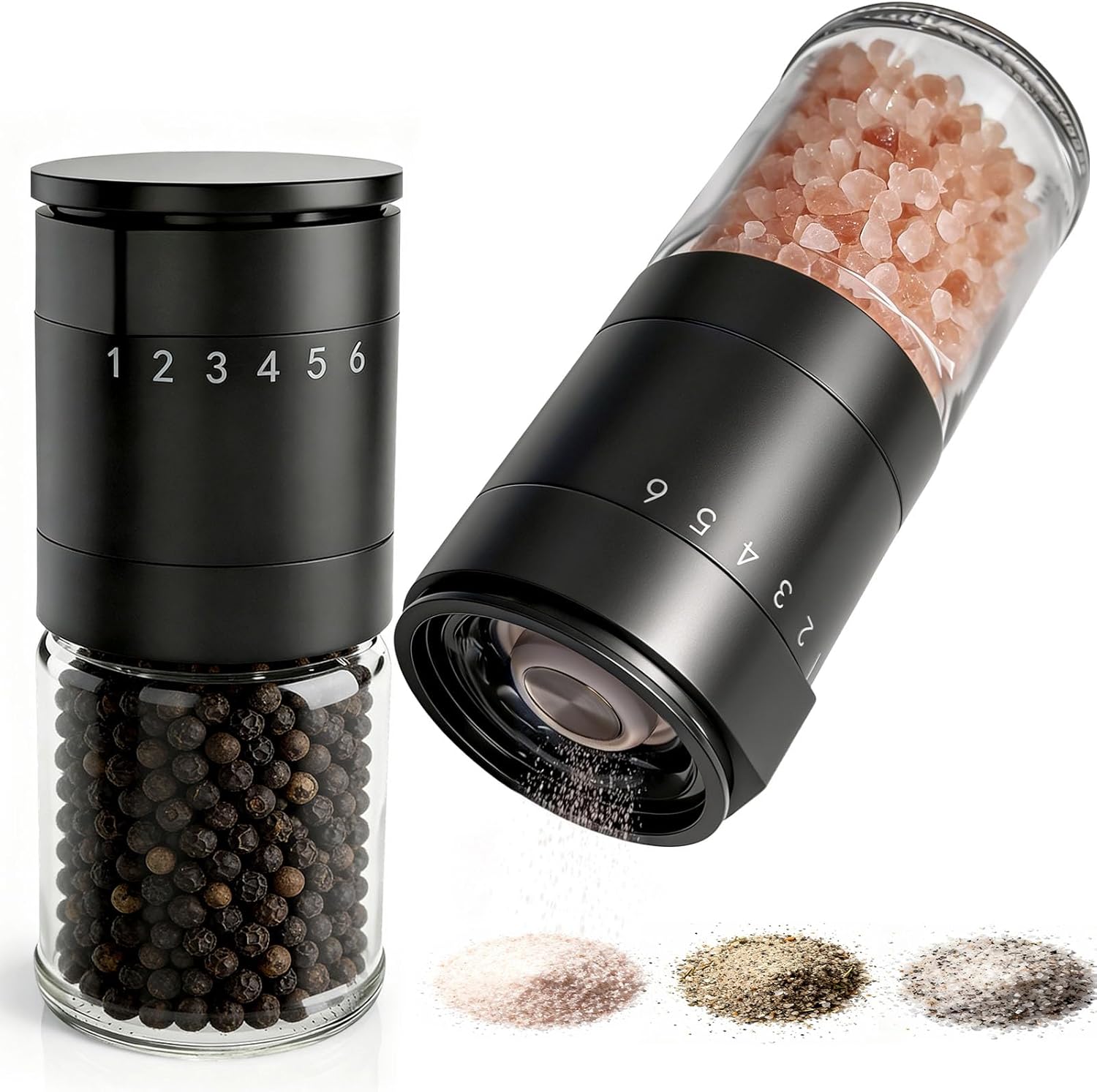 Manual Salt and Pepper Grinder Set, Black Pepper Grinder with Base Cover, 100ml Short Glass Shakers for Peppercorn with 6 Adjustable Coarseness Birthday Gifts for Women Mom