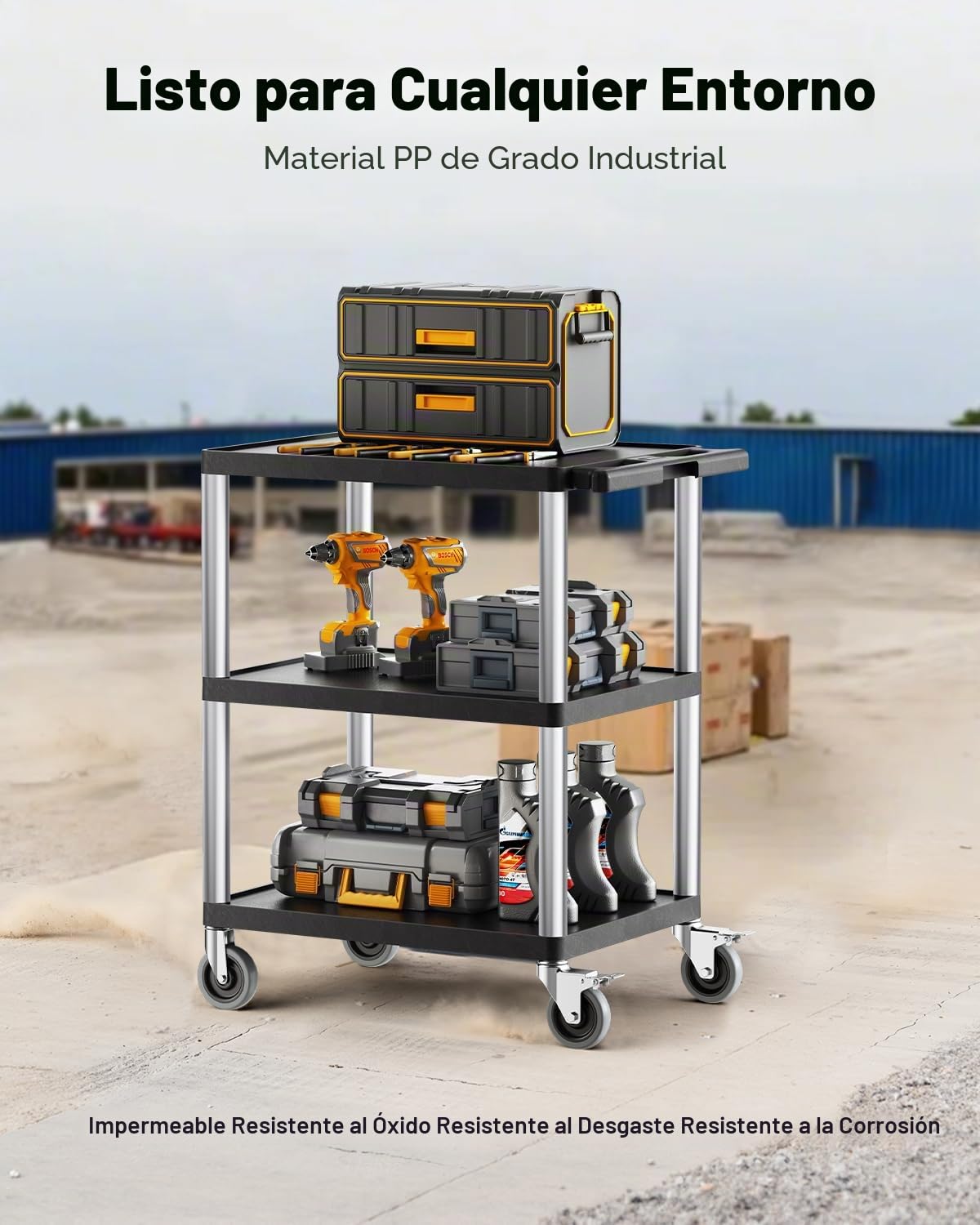 VEVOR Carro Multiusos, Carro de Servicio de Plástico Resistente de 3 Estantes 695 x 460 x 825 mm con Ruedas Giratorias de 360° (2 con Frenos), Carga de 136 kg, para Almacén, Garaje, Negro