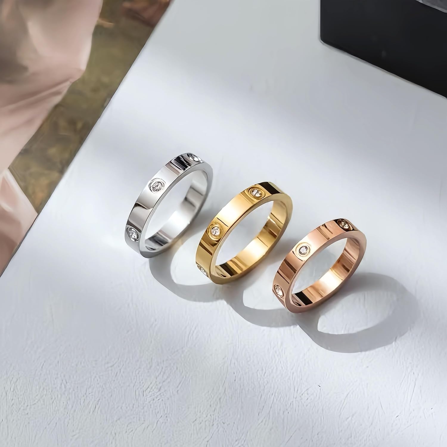 3Pcs/Set Love Friendship Ring 18K Gold Silver Rose Plated Cubic Zirconia Stainless Steel Promise Ring Wedding Band Jewelry for Women
