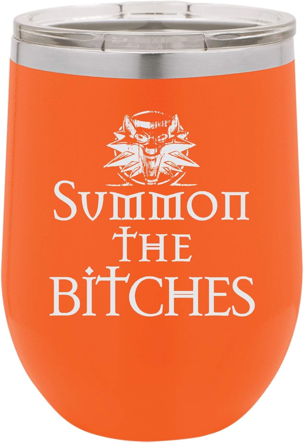 "Summon The Bitches!" Funny Video Game Medallion Design Engraved Insulated Stainless Steel Wine Tumbler, 12 Oz., Navy