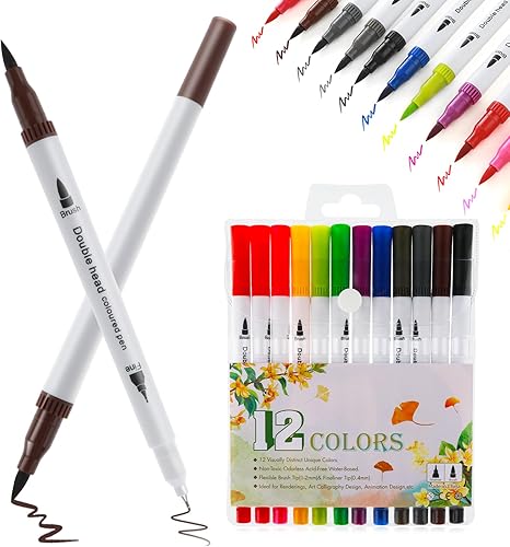Cobee Paquete de 12 bolígrafos de caligrafía de pincel colorido, colores a base de agua, bolígrafos artísticos de doble punta, 0.016 in fino para