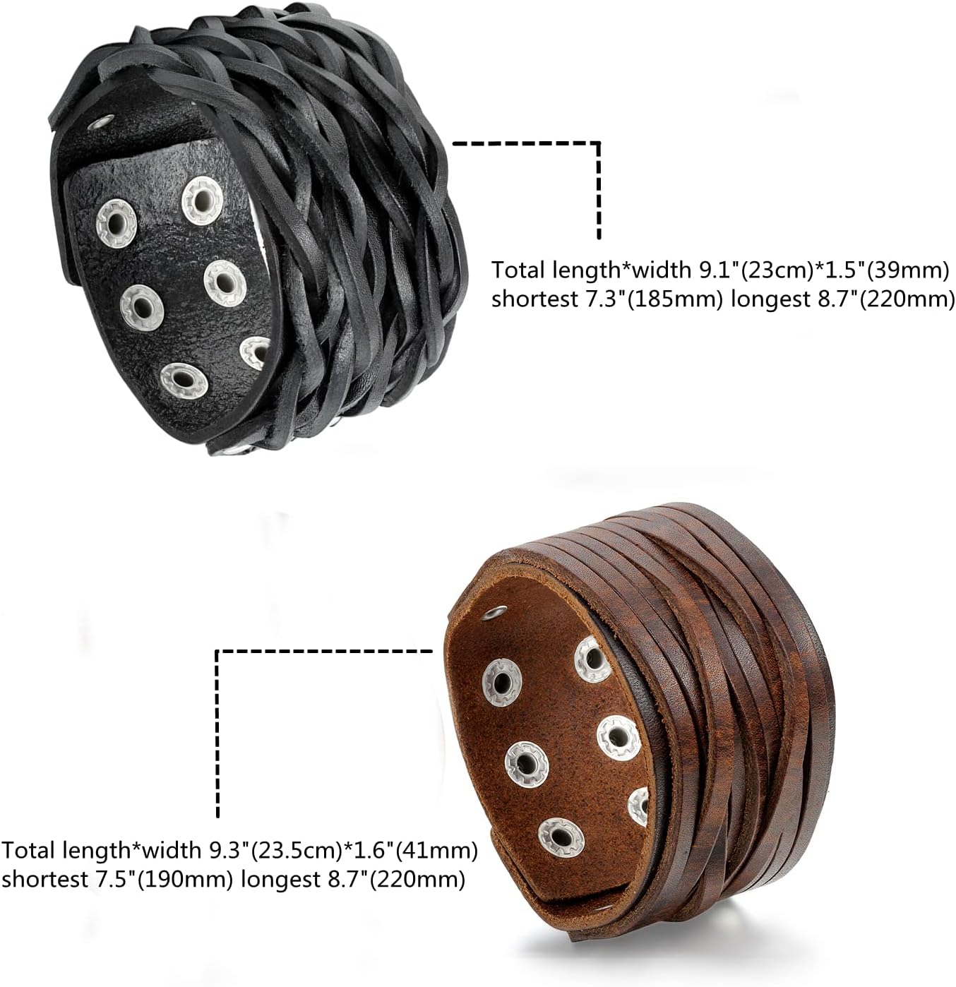 Aroncent Biker Punk Rock Leather Bracelets Wide Braided Adjustable with Snap Button 2-4 PCS