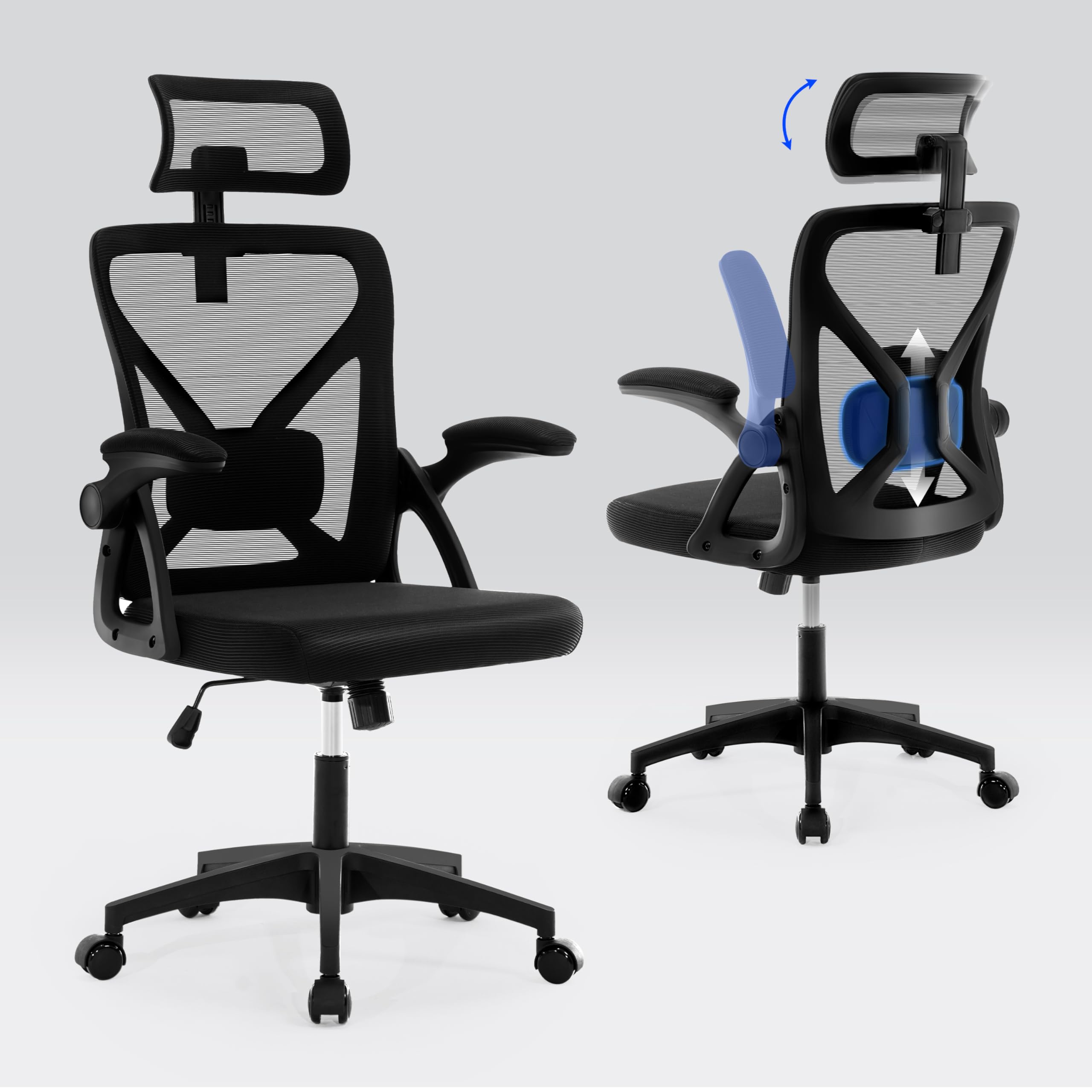 Fizzin Bürostuhl Ergonomischer Wippfunktion bis 125°,180kg | Schreibtischstuhl mit verstellbare Kopfstütze,Armlehnen & Lendenstütze Chefsessel Mesh für Büro, Gaming & Homeoffice, Schwarz