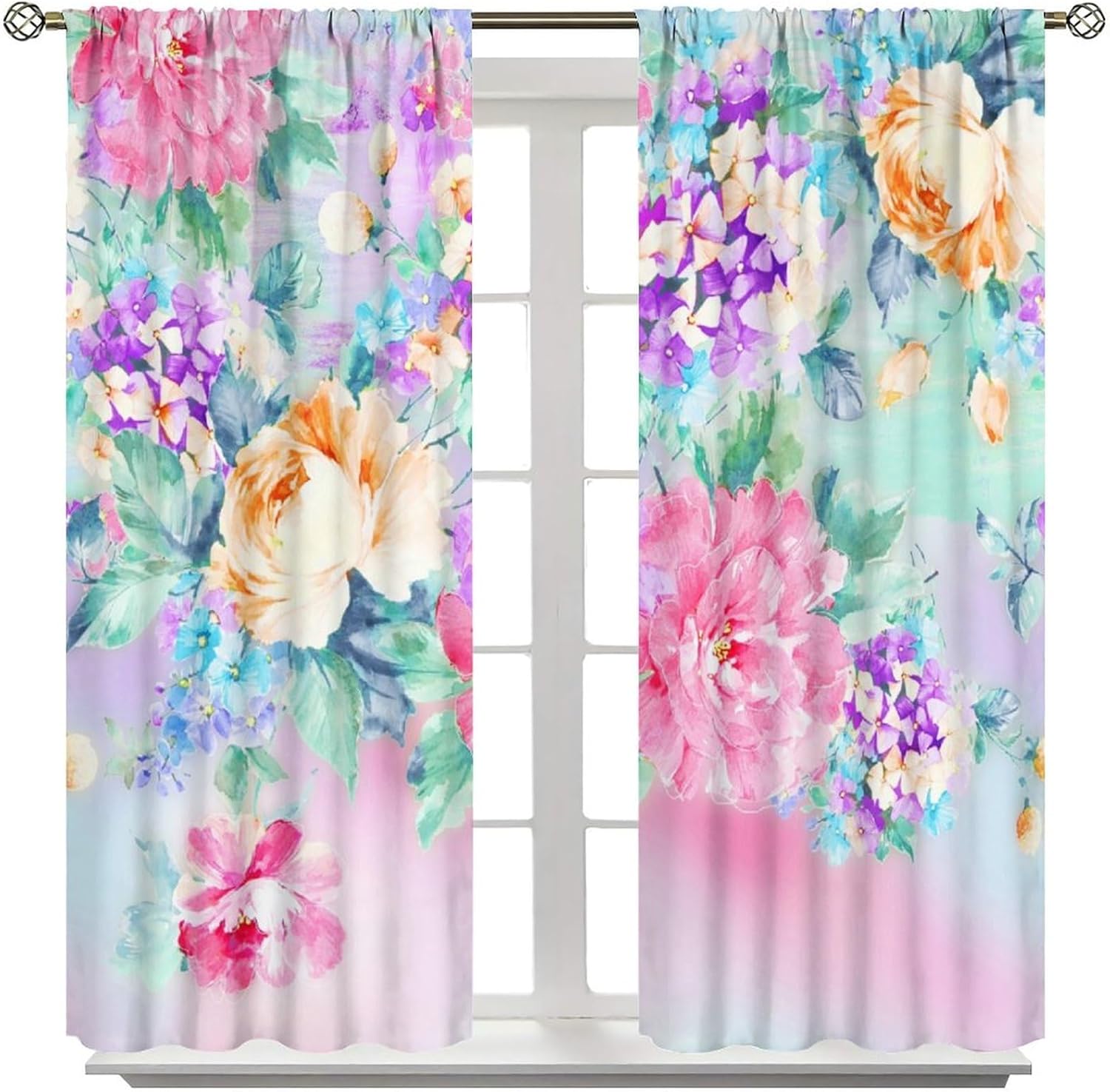 Watercolor Flower Window Curtains，Abstract Style Colorful Floral Leaves Blackout Print Rod Pocket Window Drapes for Bedroom Living Room Kitchen Set 2 Panels,42x45 Inches