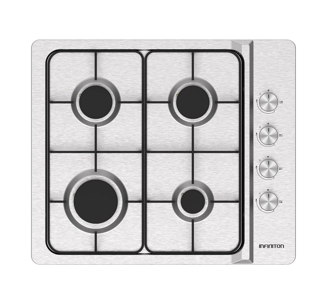 INFINITON Placa de Gas GAS4BNAI, 4 Fuegos, Ancho de 60 cm, Quemadores desmontables, Apagado automático, olocación lateral de los mandos, Superficie de cocción de acero inoxidable