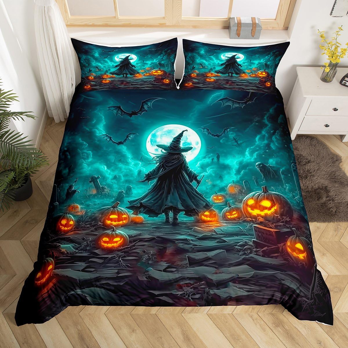 Erosebridal Happy Halloween Duvet Cover Vintage Witchy Bedding Sets, Halloween Pumpkin Bed Cover King Witch Bats Pumpkin Lights Bed Set