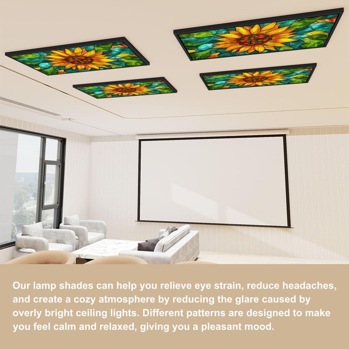 4 Pack Sunflower Glass Panel Stained Glass Decorative Magnetic Ceiling Light Covers - Fluorescent Light Shade Panel for Classroom Office Home Drop Ceiling, 4 x 2 ft
