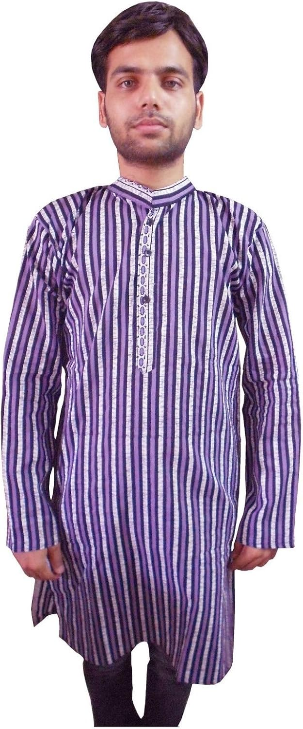 Mens Long Sleeve Kurta 100% Cotton Blue Shirt Indian Top Traditional