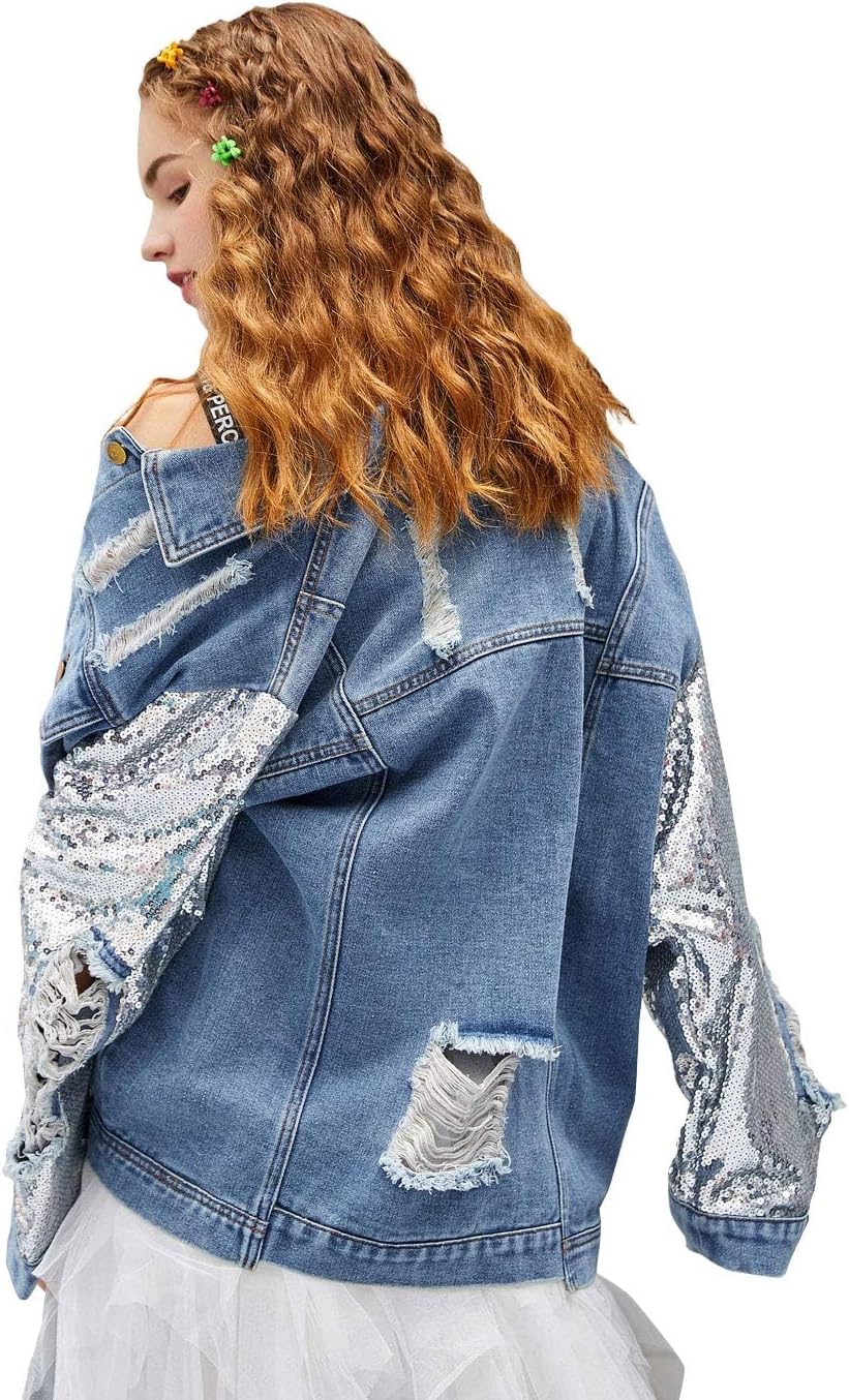 ebossy Women's Glitter Sequined Sleeve Ripped Hole Destroyed Oversized Denim Jean Jacket