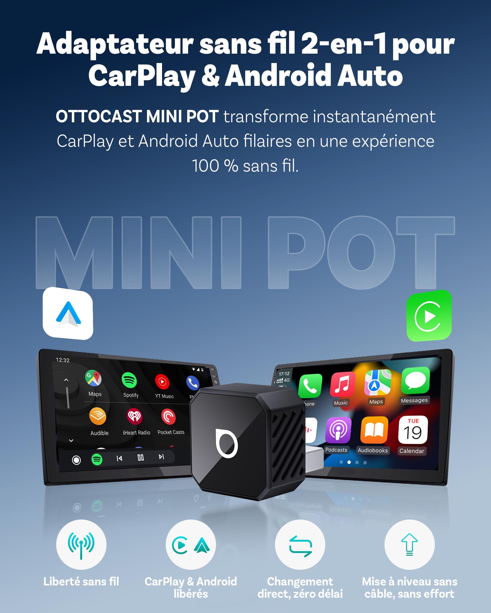 OTTOCAST Mini Pot, Adaptateur CarPlay & Android Auto sans Fil 2026 Upgrade, Plug & Play, WLAN 2.4G+5G, Reconnexion Automatique, Compatible avec Voitures après 2016 avec CarPlay/Android Auto Filaire