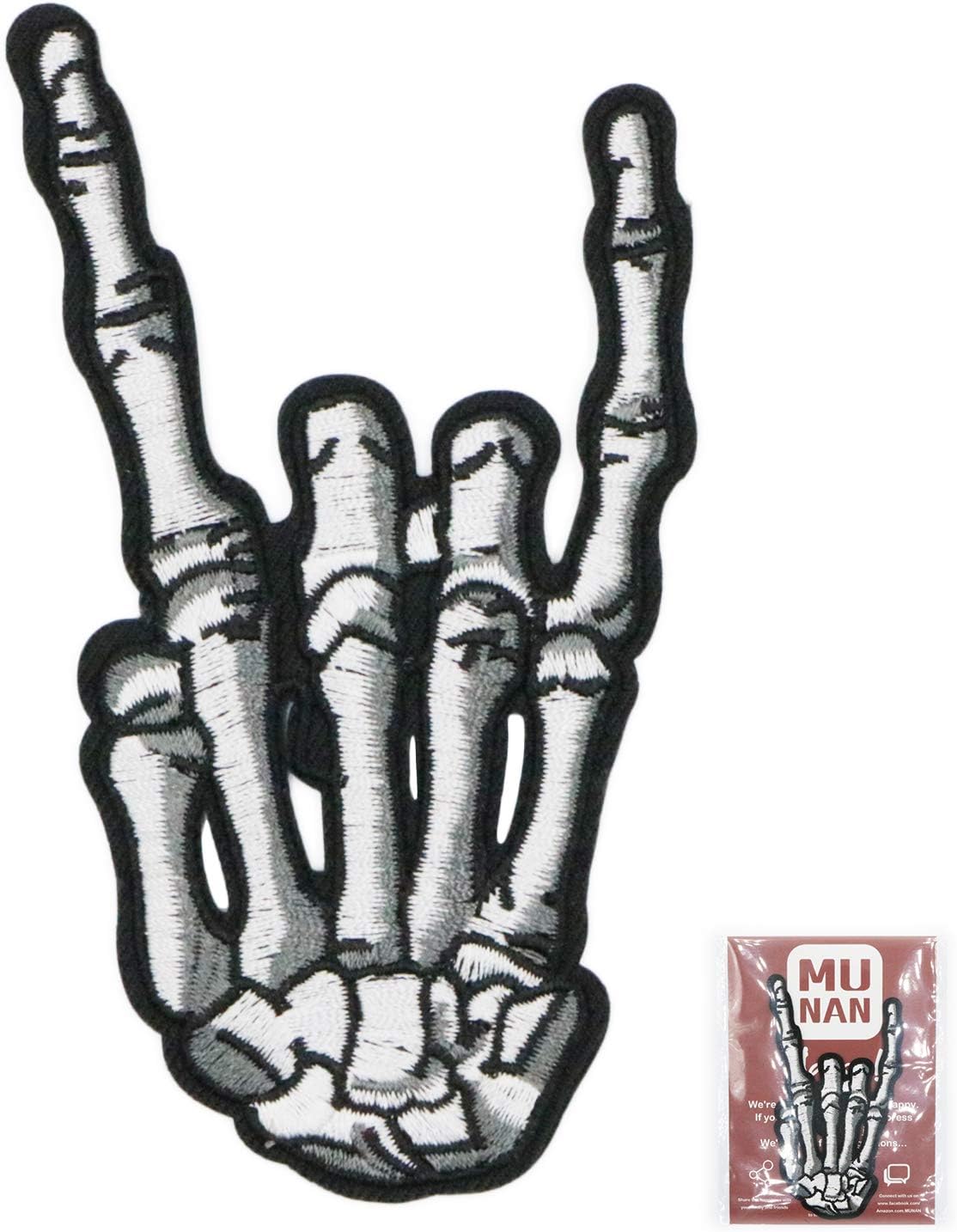 Punk Rock Hand Symbol Sign Language Heavy Metal Music Finger Bone Skeleton Skull Ghost Patch Embroidered Applique Badge Iron On Sew On Emblem