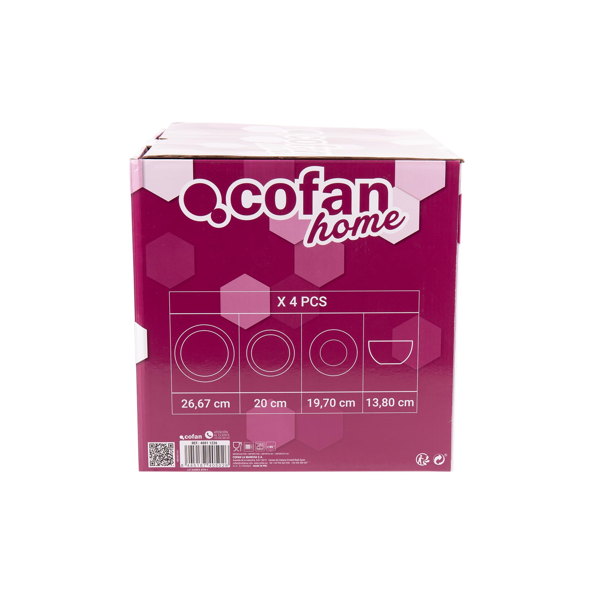 Cofan Vajilla de porcelana esmaltada | Juego de 16 piezas | Diseño en relieve | Color: blanco | Apta para lavavajillas, microondas y horno