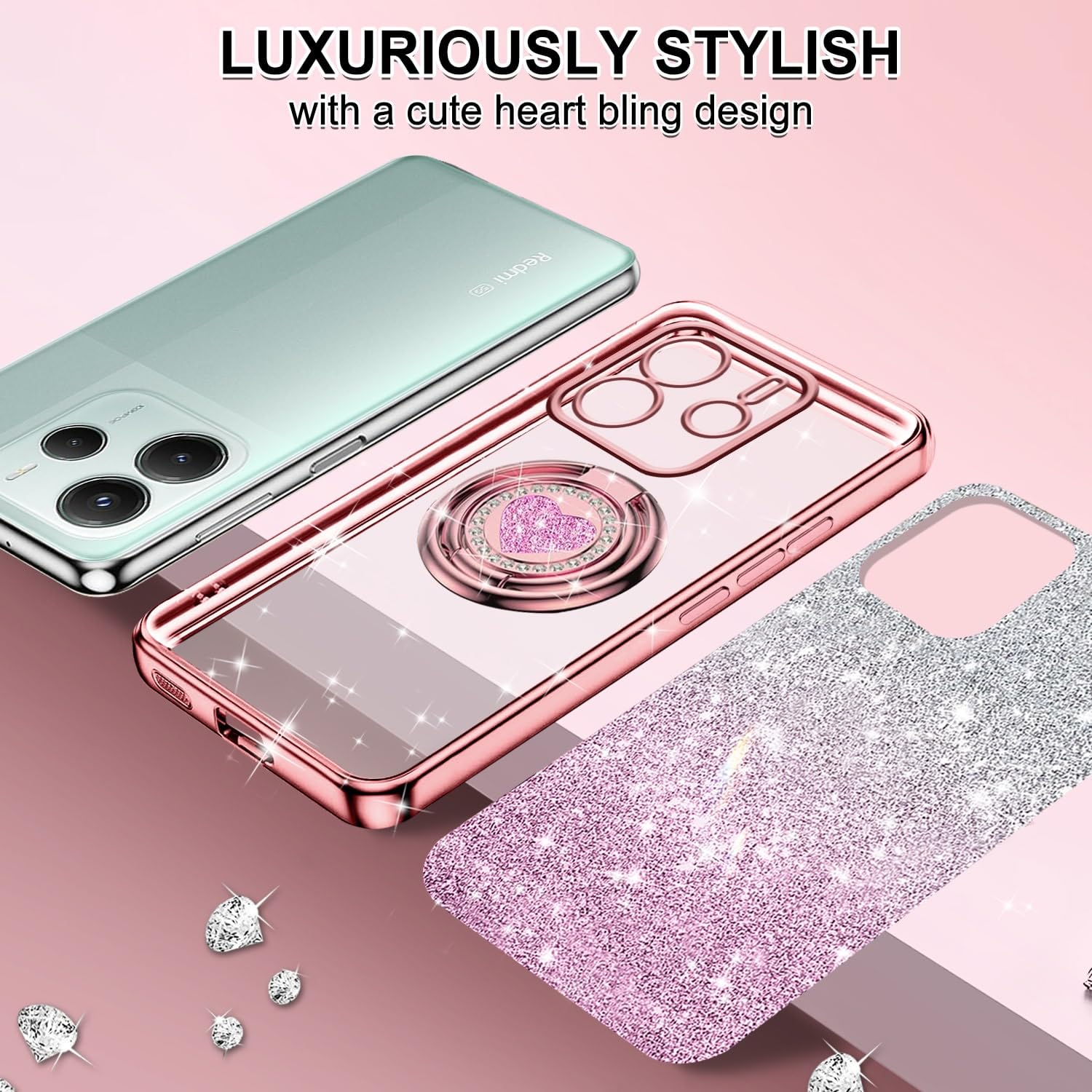 Custodia Per Xiaomi Redmi Note 14 Pro 4G In Silicone Morbido Con Bordi Galvanizzati E Glitter Incorporati – Rosa Sfumato, Antiurto E Antigraffio - 3