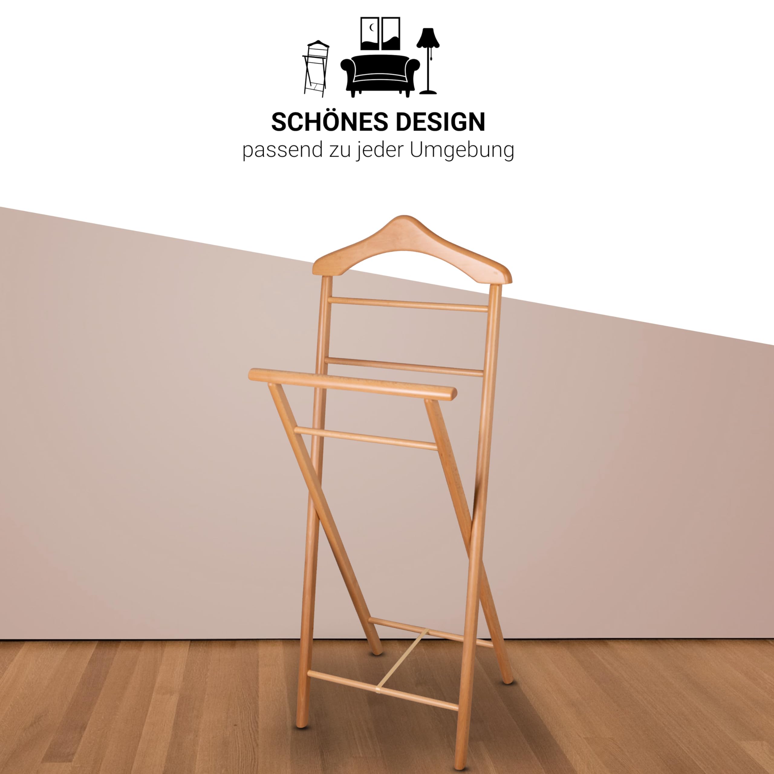 Herrendiener aus Massivholz in 3 Farben – fertig montierter Kleiderbutler & Stummer Diener – stabiler Stiller Diener für Schlafzimmer, Ankleide, Garderobe & Bad I Kleiderablage (Buche)