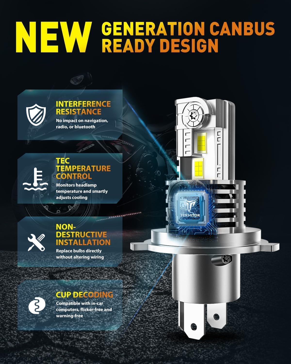 Termitor Latest H4/9003/HB2 Bulbs Hi/Low Beam, 50,000LM Brightness, 6500K Cool White, 1:1 Halogen Size Automotive Replacement H4 9003 HID Fog Lights, Plug-N-Play, IP68 Waterproof, Pack of 2