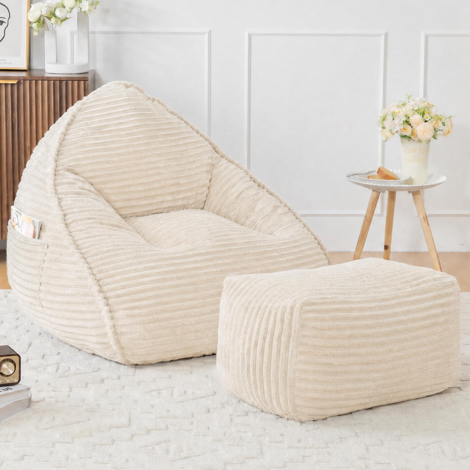 Vamcheer Sitzsack Erwachsene mit Hocker XXL Beige Bean Bag Chair Flauschiger Flanellstoff