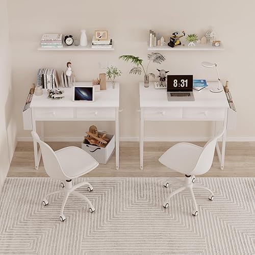 Miniatura 6 de Lufeiya Escritorio pequeño blanco con cajones, para dormitorio, escritorio de computadora de oficina en casa de 32 pulgadas con cajón de